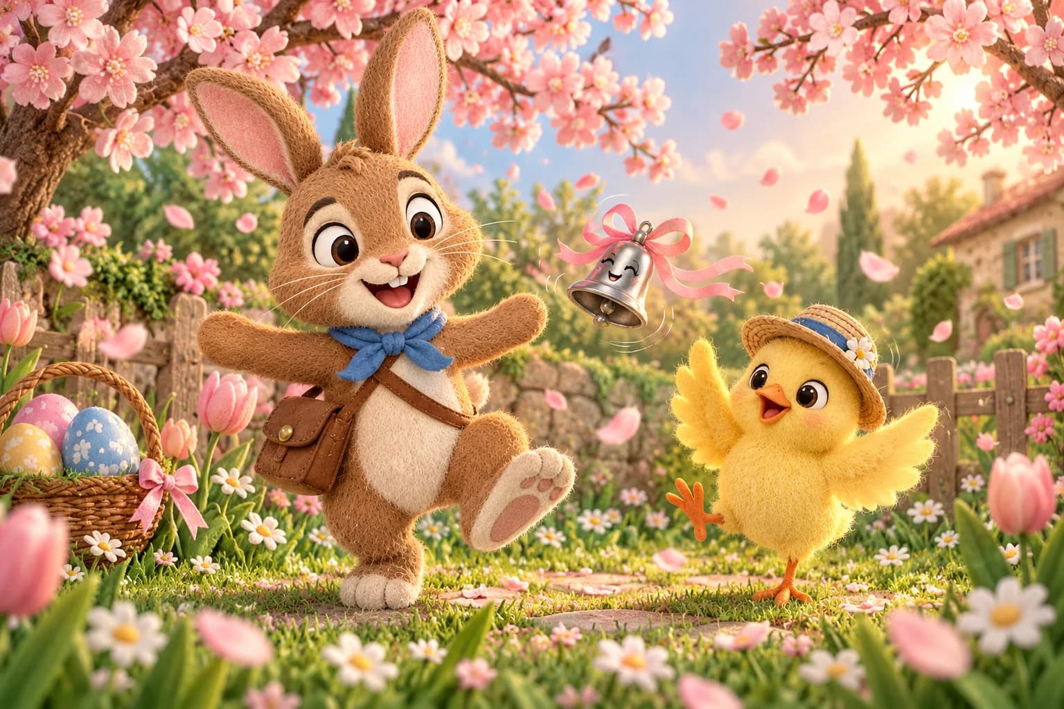 Le Lapin brun tape des pattes tandis que le Poussin jaune bat des ailes sous les cerisiers fleuris.
