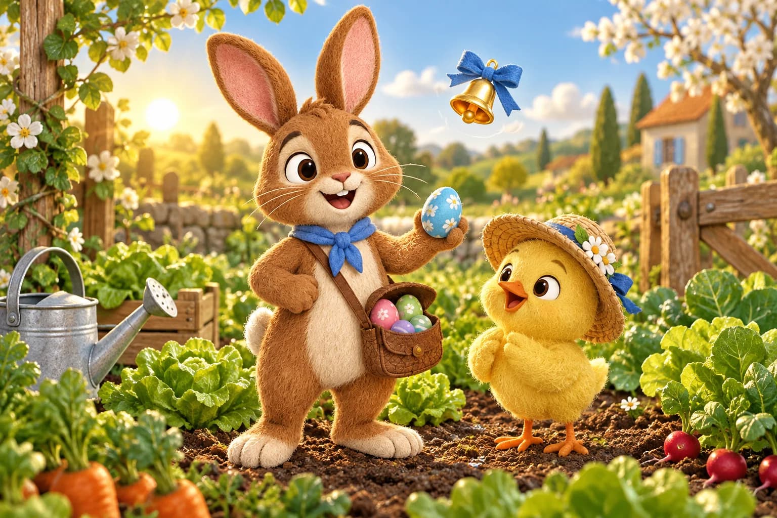 Dans le potager ensoleillé, un lapin brun et un poussin jaune entourent Biscotte au-dessus d’œufs colorés.