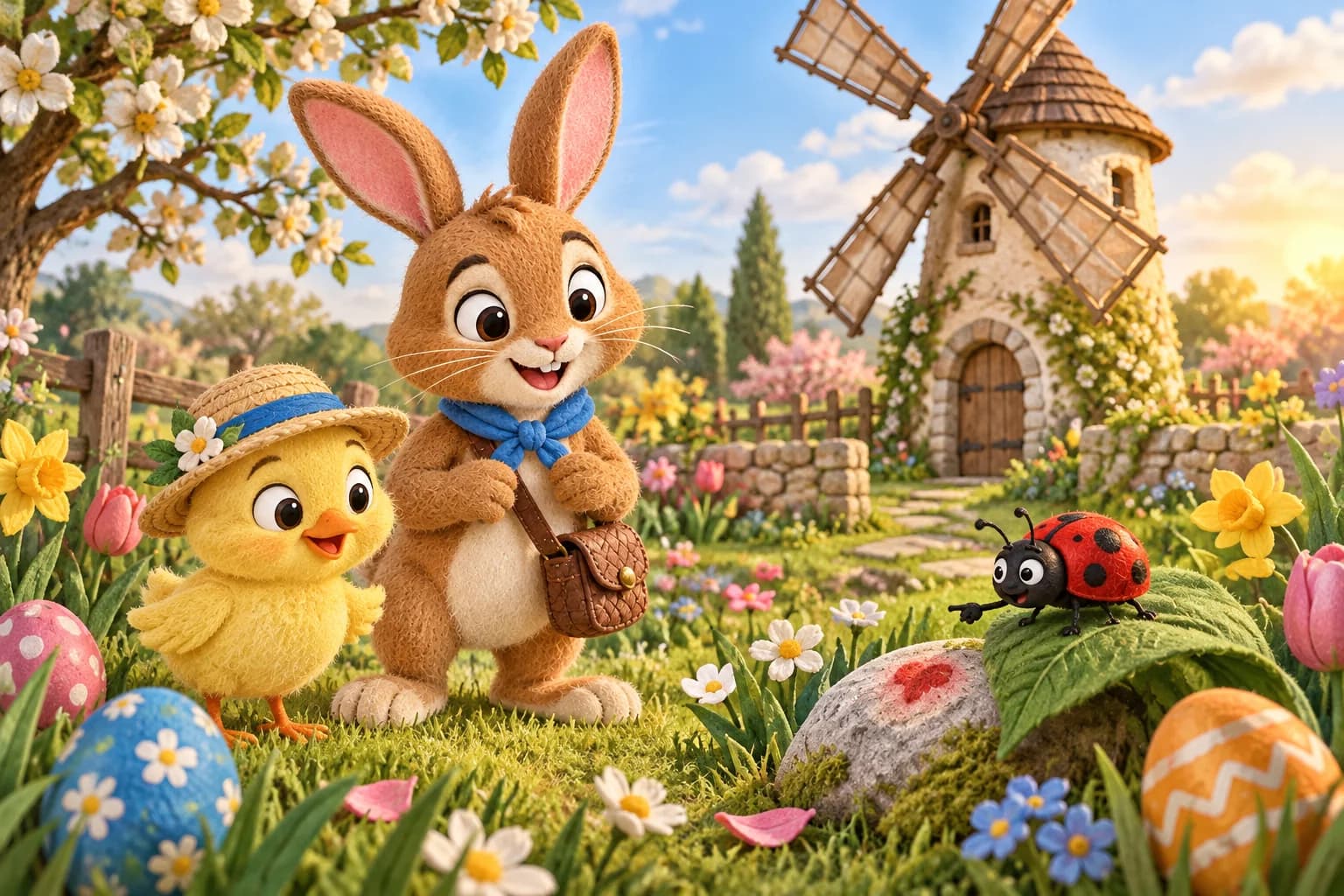 Le Lapin brun et le Poussin jaune saluent Basile, entourés d’œufs décorés, de fleurs colorées et d’une coccinelle.