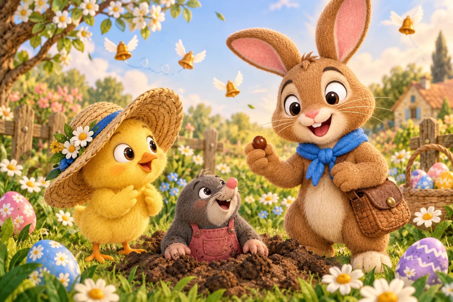 Le Lapin de Pâques tient une graine brillante, tandis que le Poussin et Zélie l’attendent dans un jardin fleuri.
