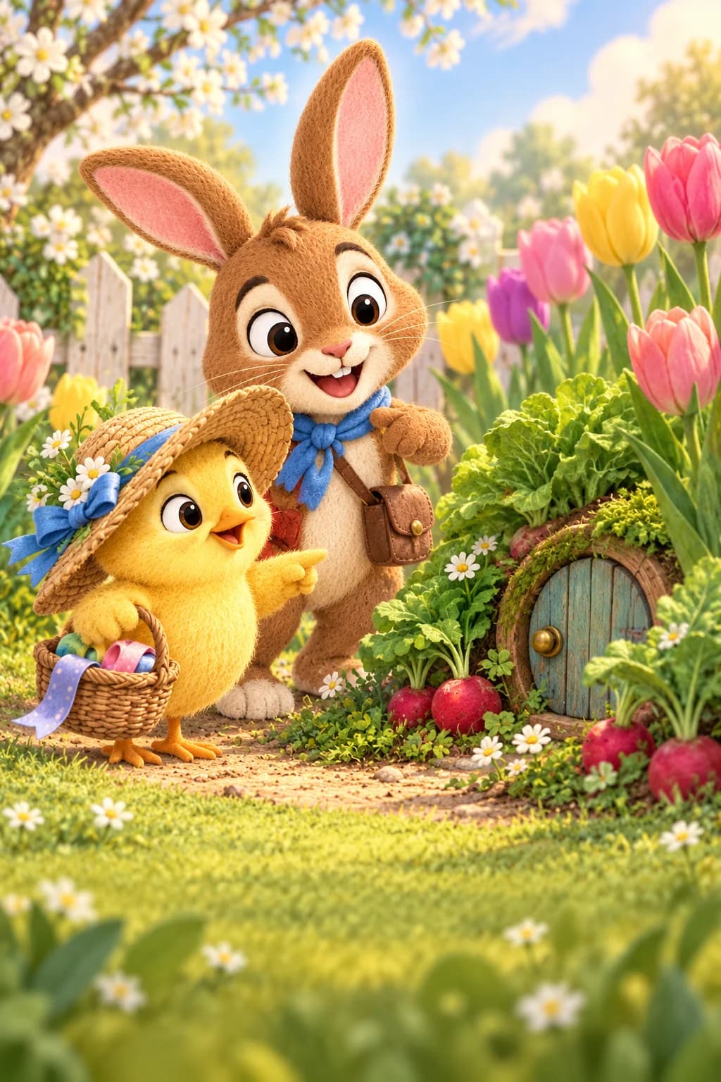 Un lapin brun et un poussin jaune observent une petite porte cachée parmi les tulipes du potager.