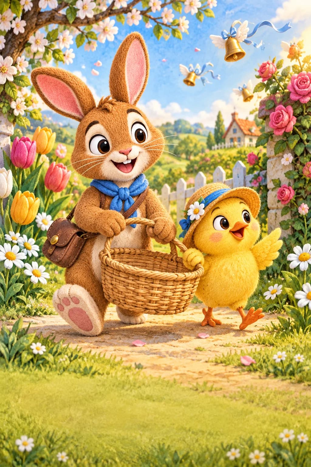 Le Lapin brun et le Poussin jaune avancent dans un jardin fleuri avec un grand panier vide.