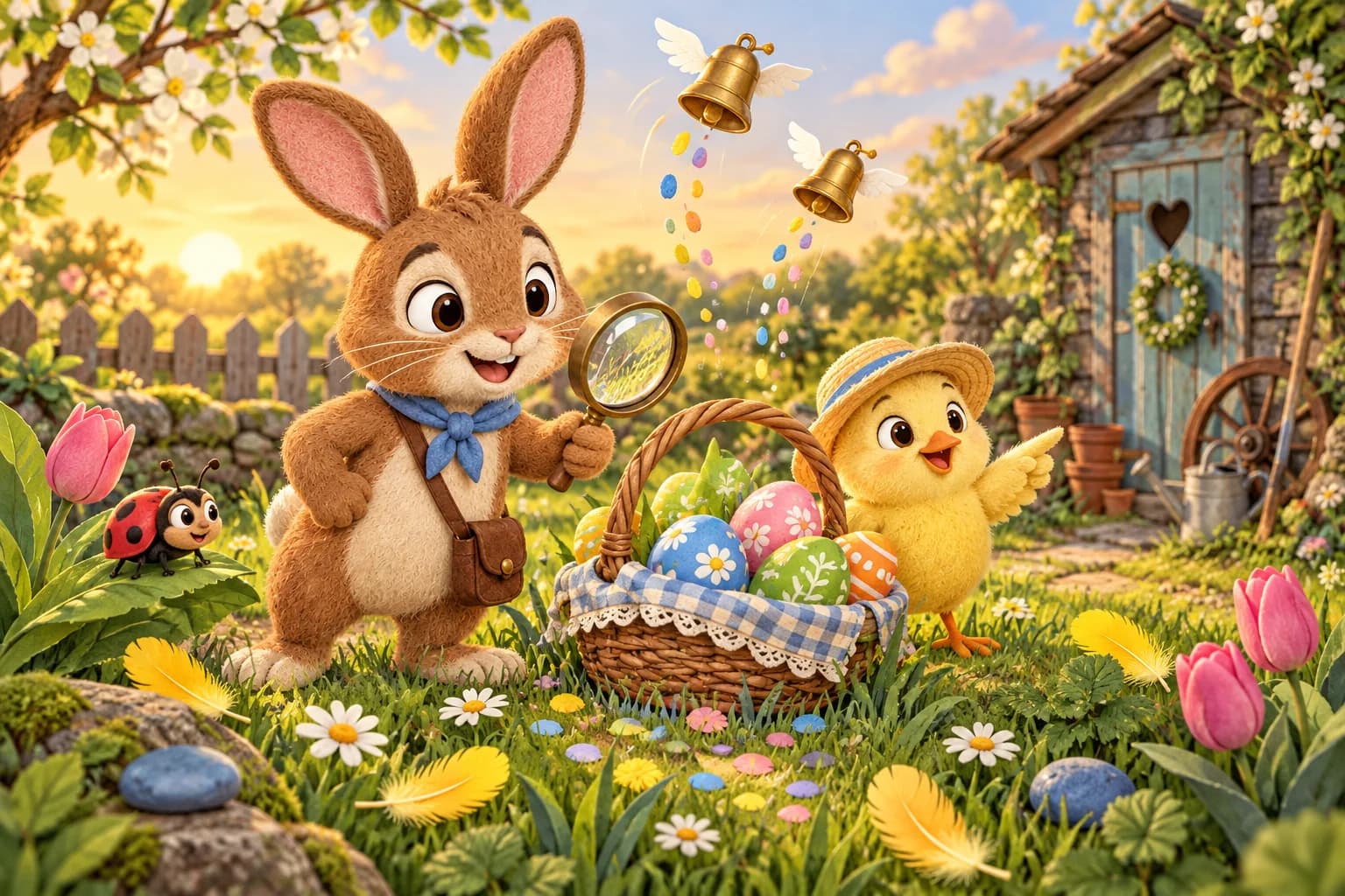 Dans le jardin de Pâques, le Lapin tient une loupe, le Poussin montre le cabanon et Mina repose sur une feuille.