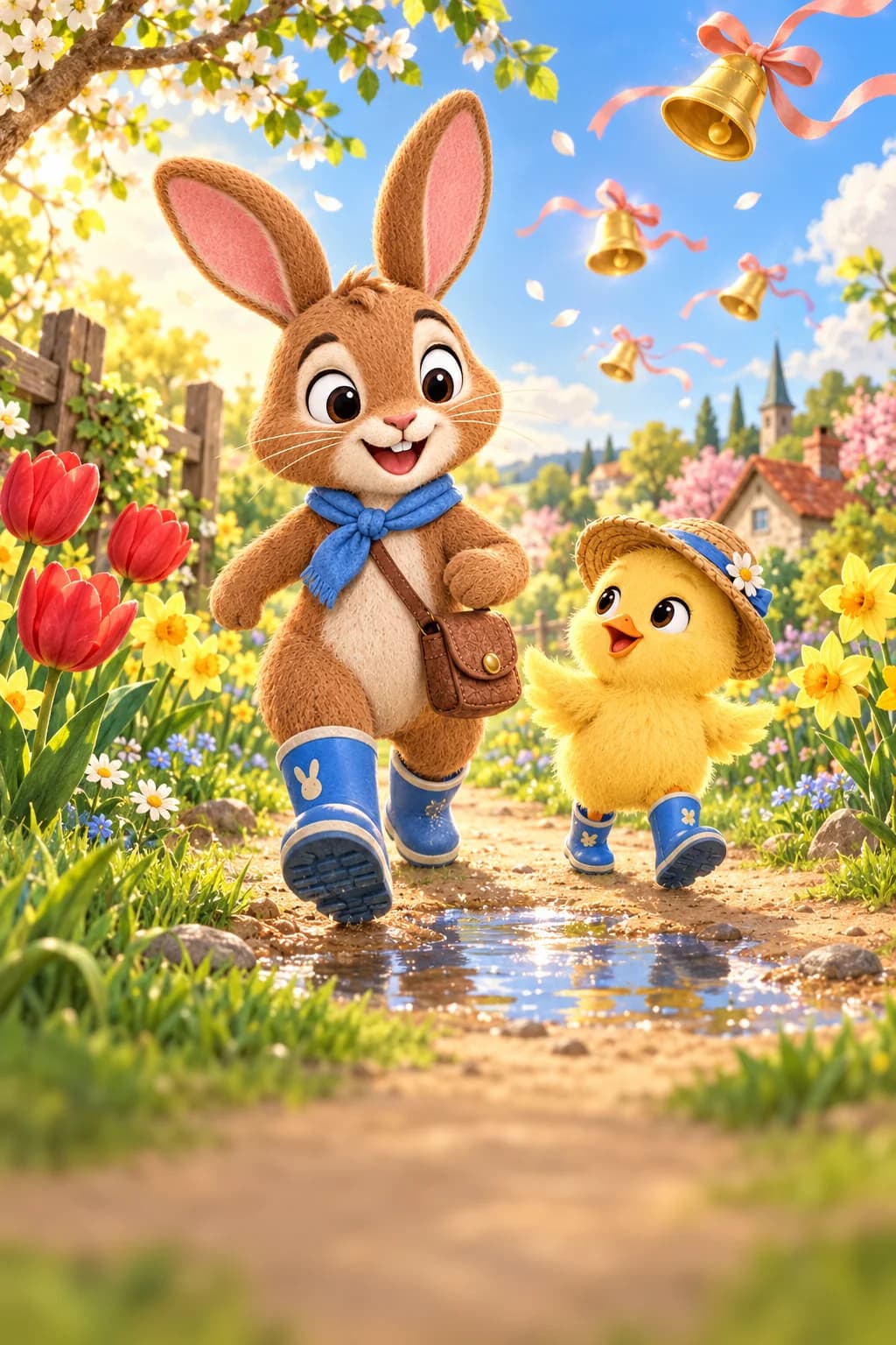 Un lapin brun et un poussin jaune avancent dans un jardin printanier près d’une flaque brillante.
