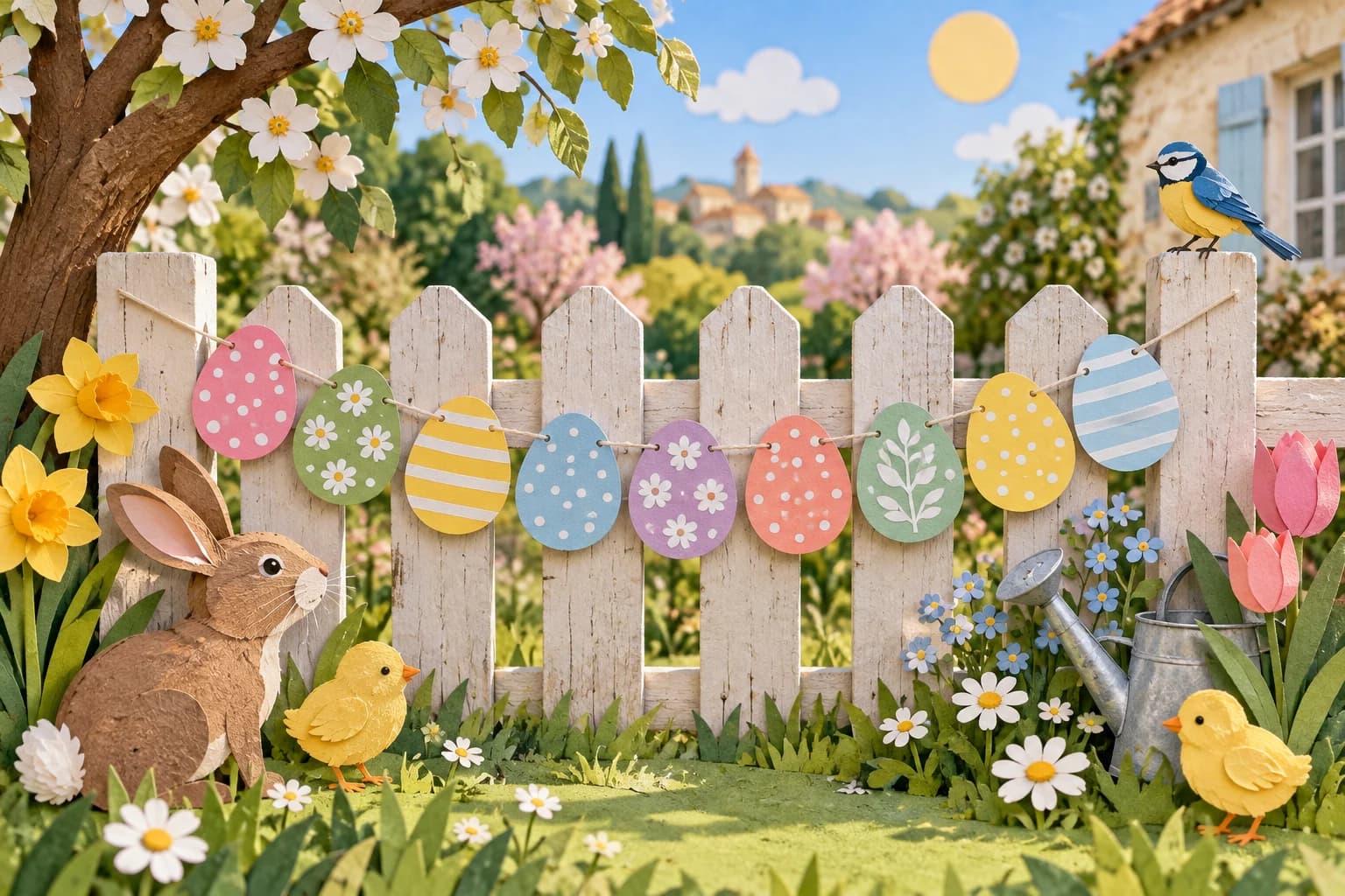 Guirlande accordéon en papier composée de plusieurs œufs colorés décorés de motifs de Pâques.