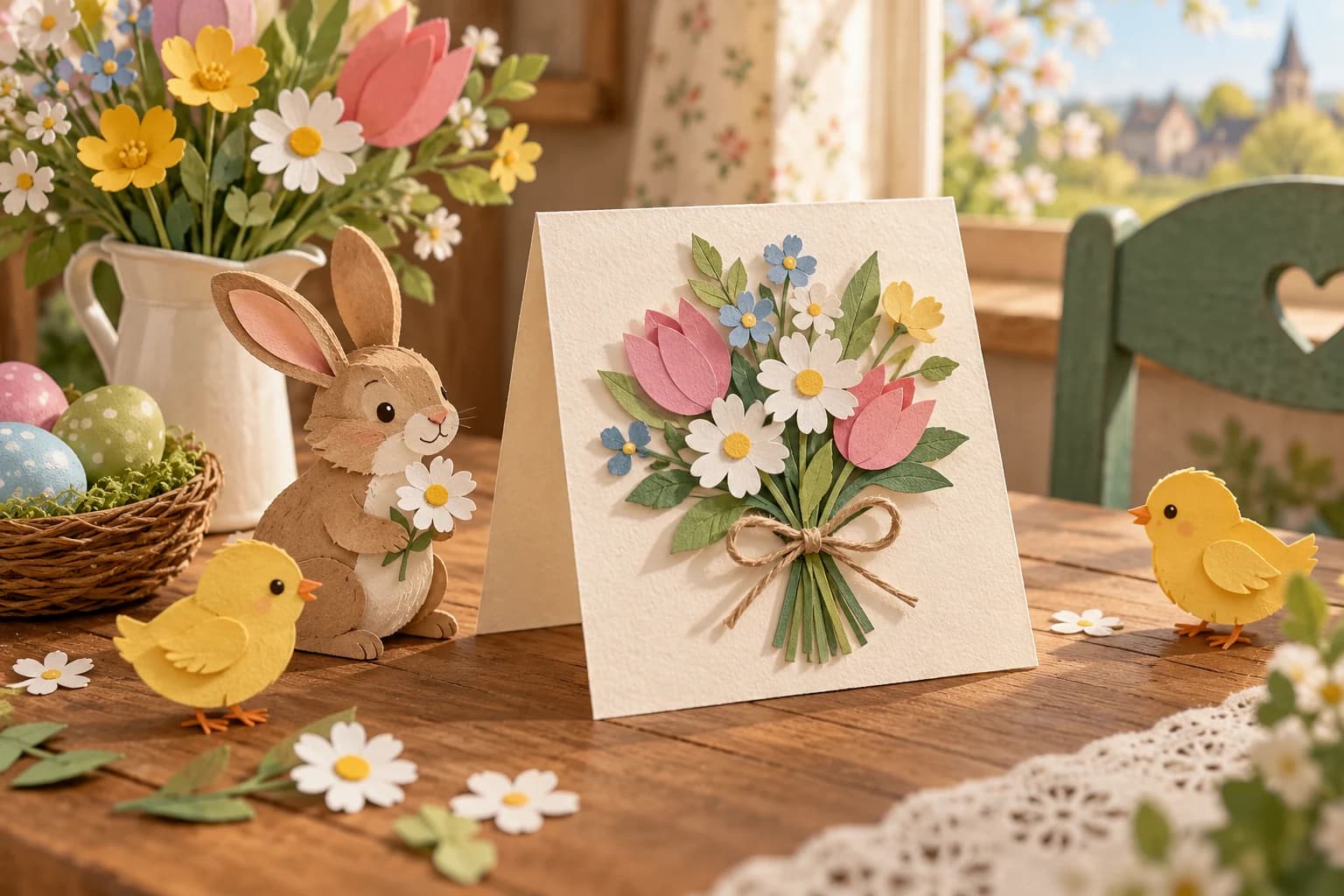 Carte pliée de remerciement avec le mot « Merci », des fleurs, des feuilles et des couleurs de printemps.