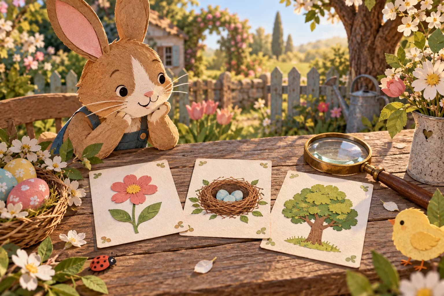 Cartes imprimables d’énigmes avec pictogrammes de coussin, plante, porte, chaise, panier et empreintes de lapin.