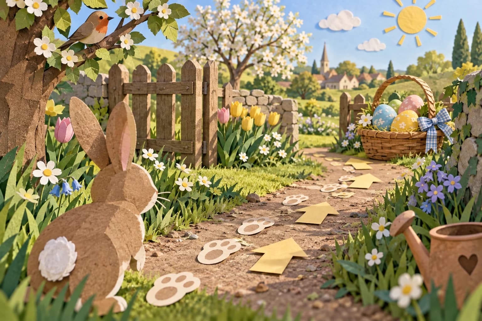 Gabarit imprimable composé de flèches colorées et de paires d’empreintes de lapin à découper et à poser au sol.