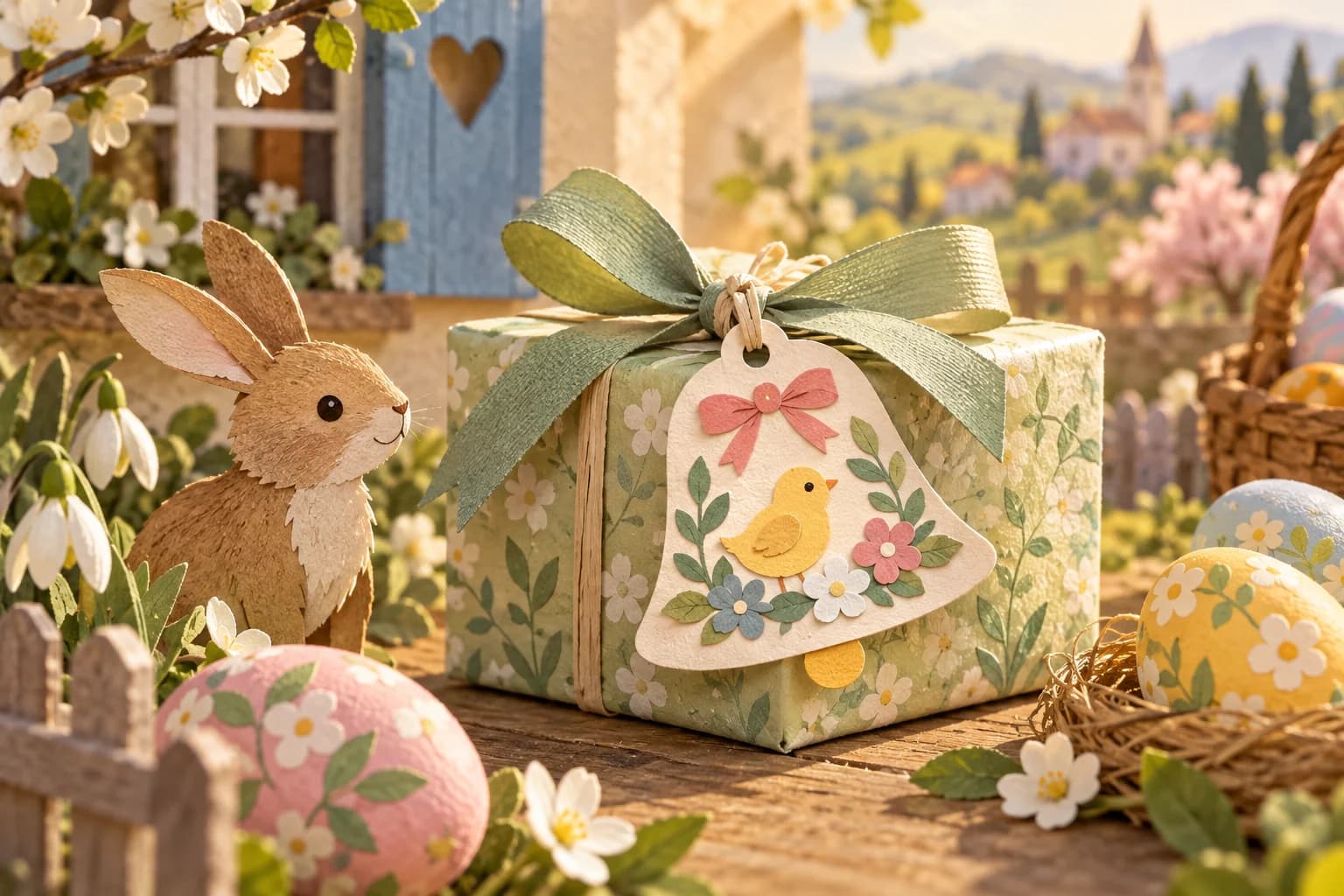 Étiquette cadeau en forme de cloche de Pâques à découper, avec un espace pour écrire un prénom et un ruban coloré.
