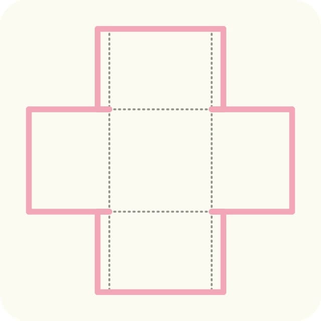 Diagramme : le gabarit du panier à plat, les lignes de découpe mises en valeur en couleur.