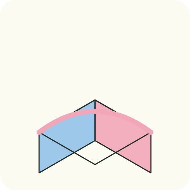 Diagramme : le panier terminé avec son anse en arc, vu en perspective.