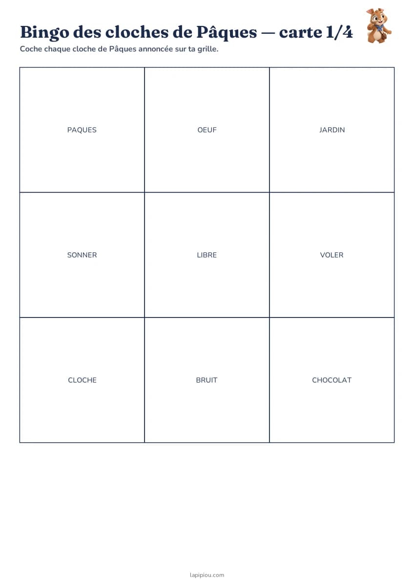 Bingo des cloches de Pâques — aperçu de la fiche à imprimer