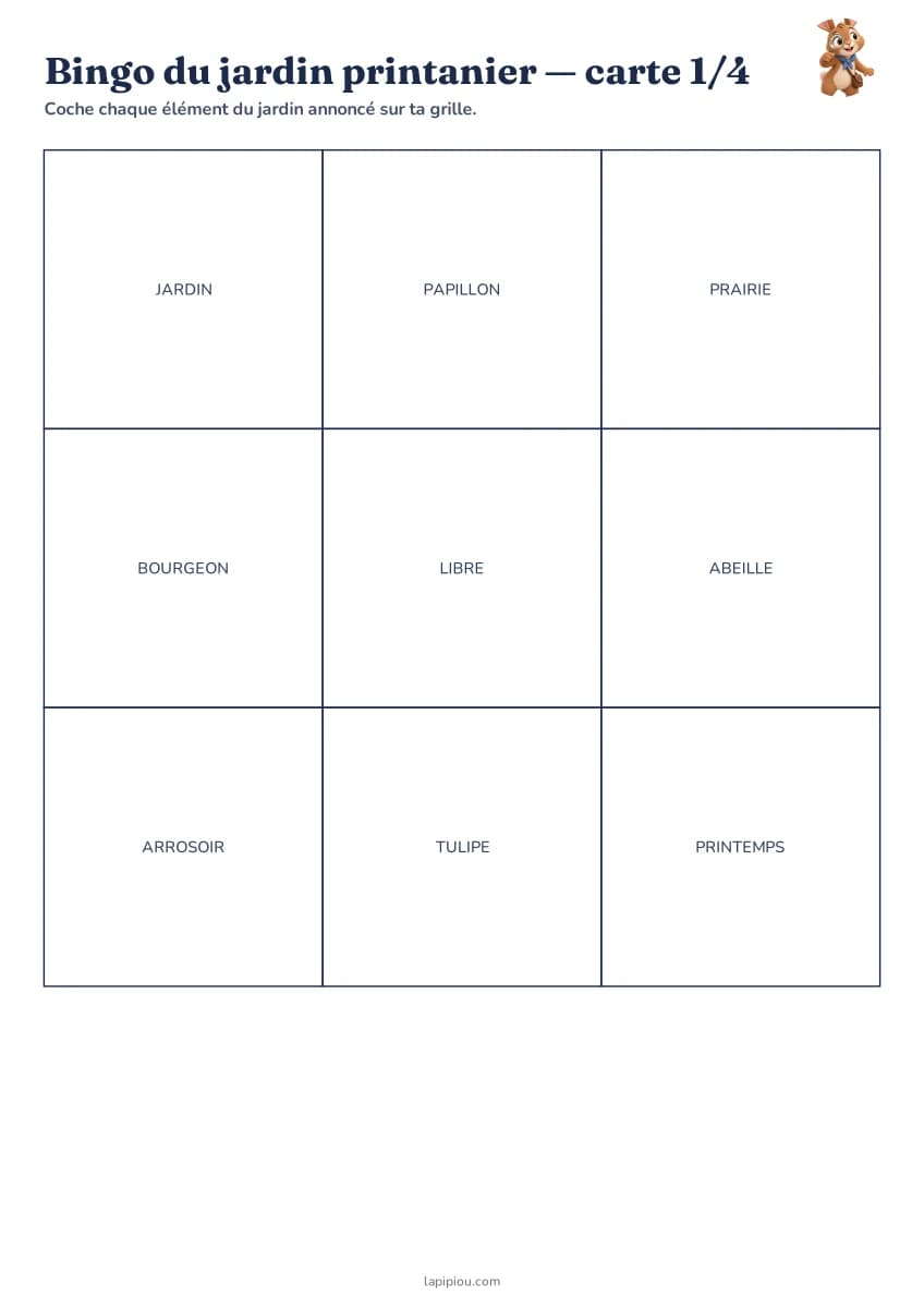 Bingo du jardin printanier — aperçu de la fiche à imprimer