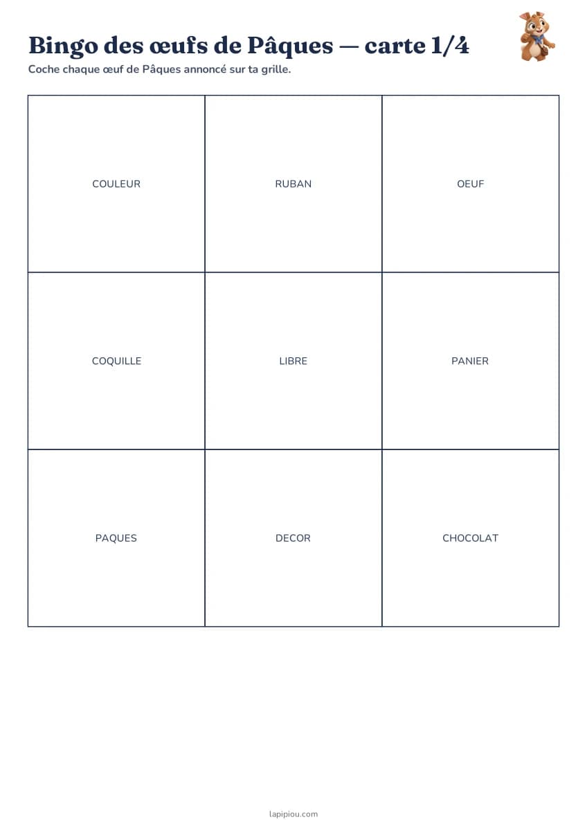 Bingo des œufs de Pâques — aperçu de la fiche à imprimer