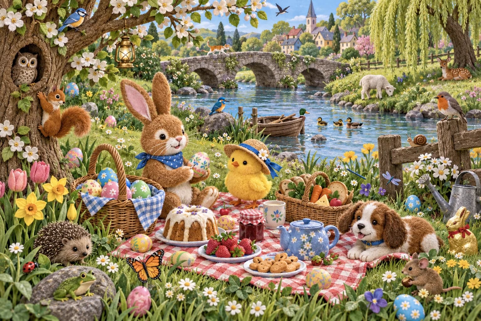 Au bord de la rivière, retrouve la chouette dans l’arbre, la famille de canards et le lapin en chocolat.
