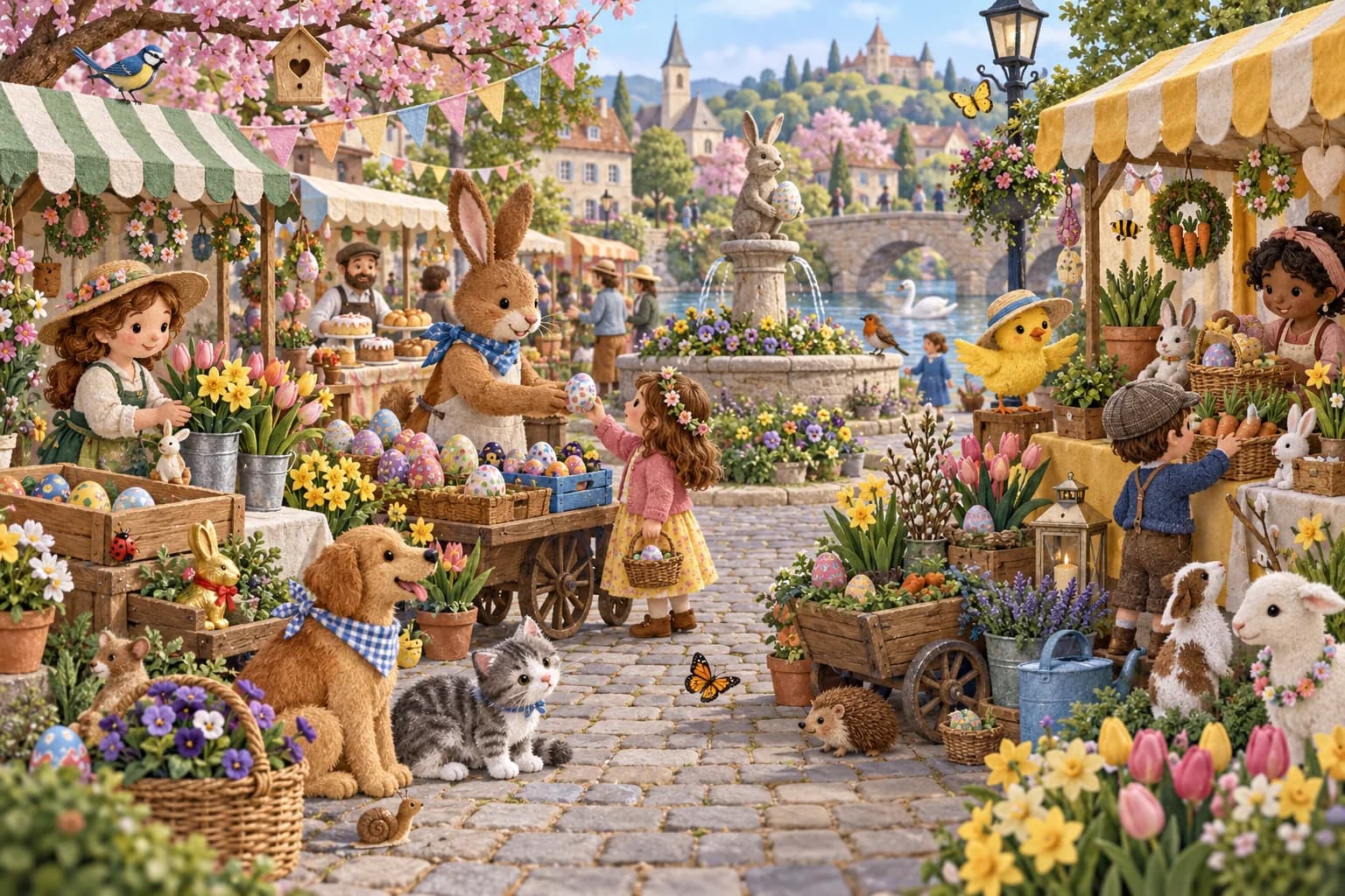 Flâne entre les étals du marché et retrouve le poussin au chapeau, le lapin doré, l’escargot et l’oiseau bleu.