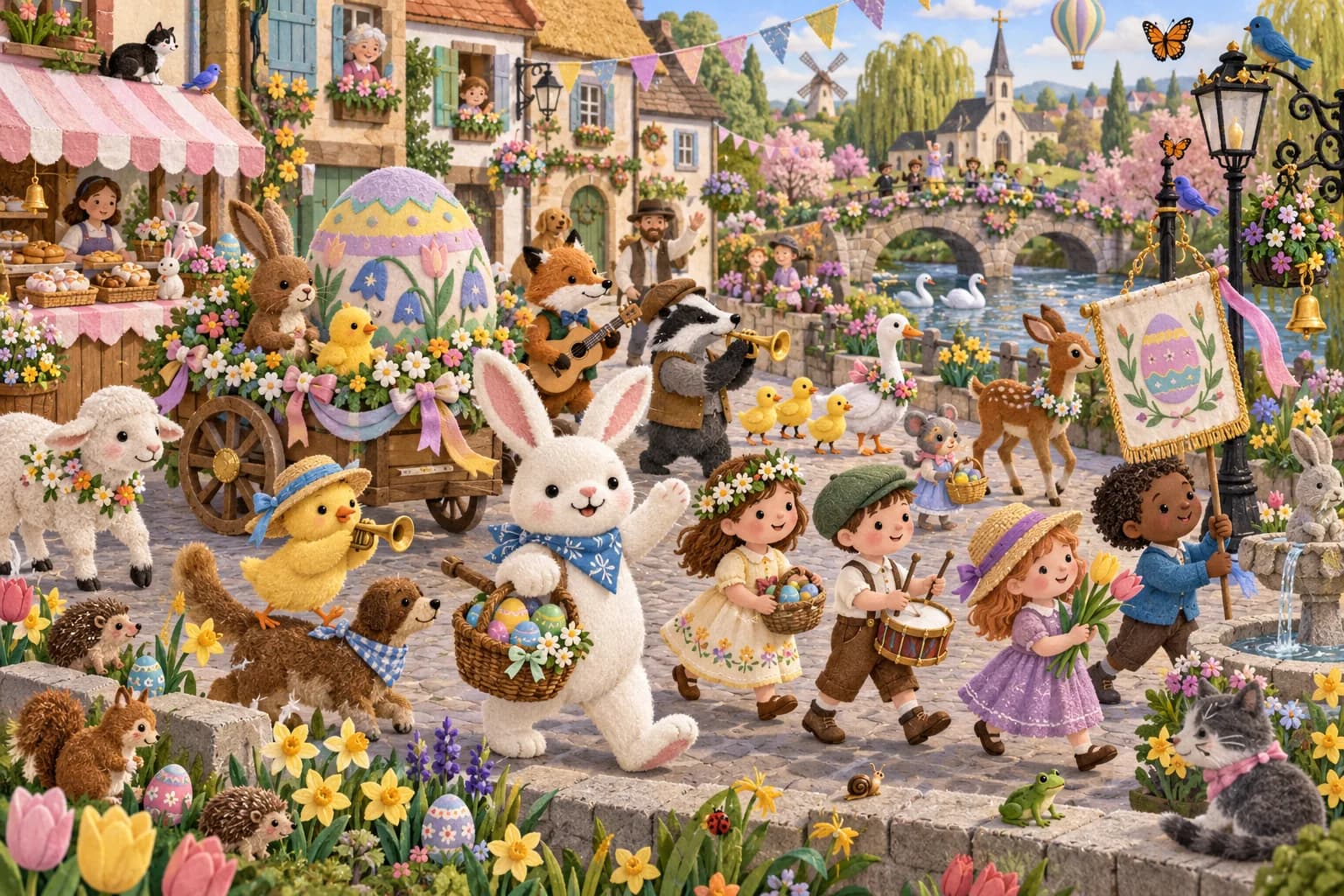 Suis la joyeuse parade et cherche les changements sur les oiseaux, les rubans, la charrette et le nœud papillon.
