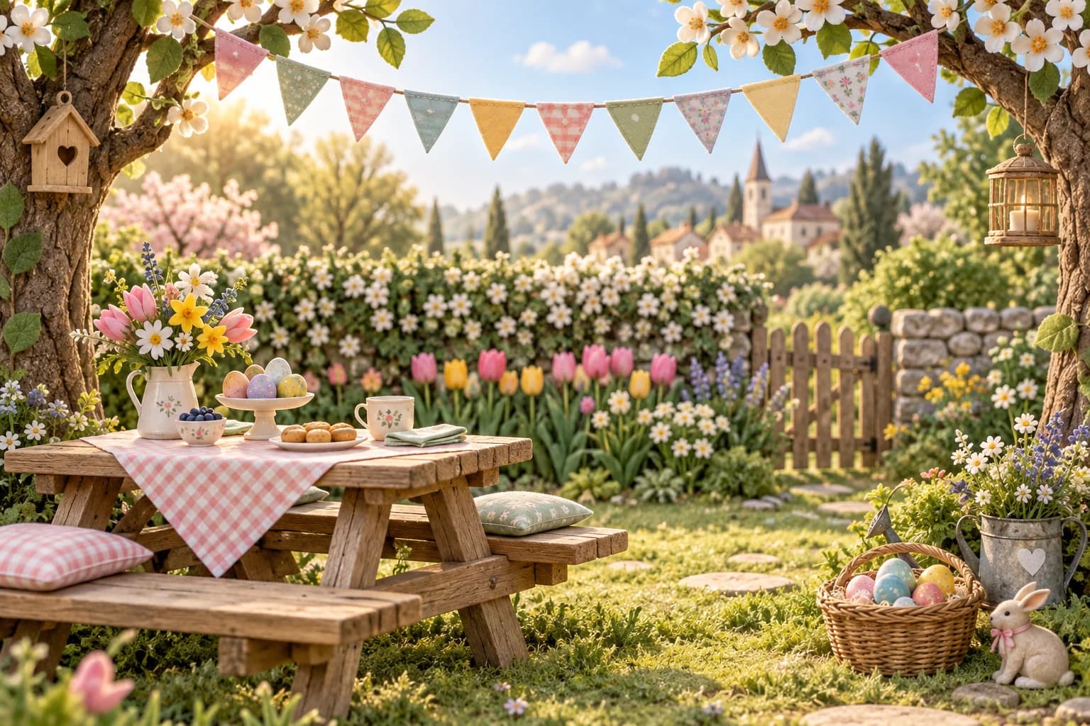 Un jardin de printemps ensoleillé, prêt pour la chasse aux œufs