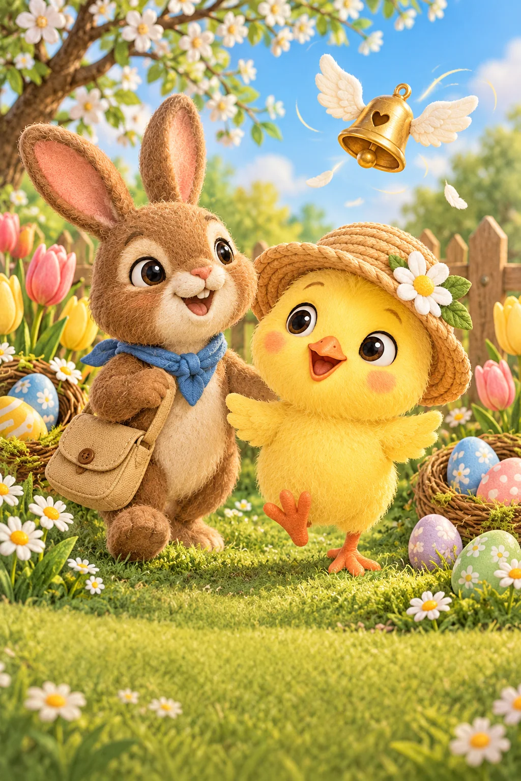 Un lapin brun et un poussin jaune observent une petite cloche volante dans un jardin de Pâques.