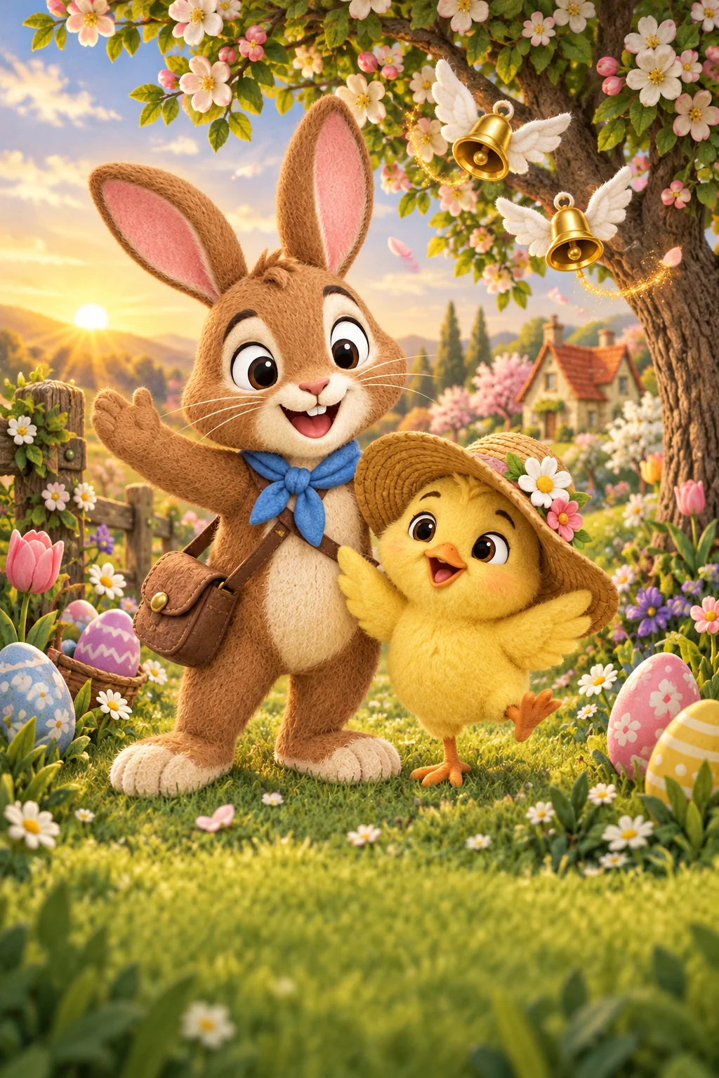 Le Lapin brun et le Poussin jaune regardent deux cloches ailées voler au-dessus du jardin.