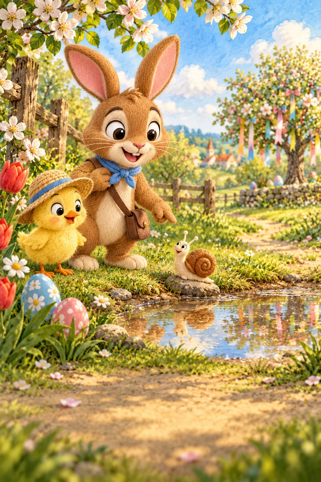 Gaston l’escargot regarde une flaque, accompagné du Lapin brun et du Poussin jaune dans le jardin.