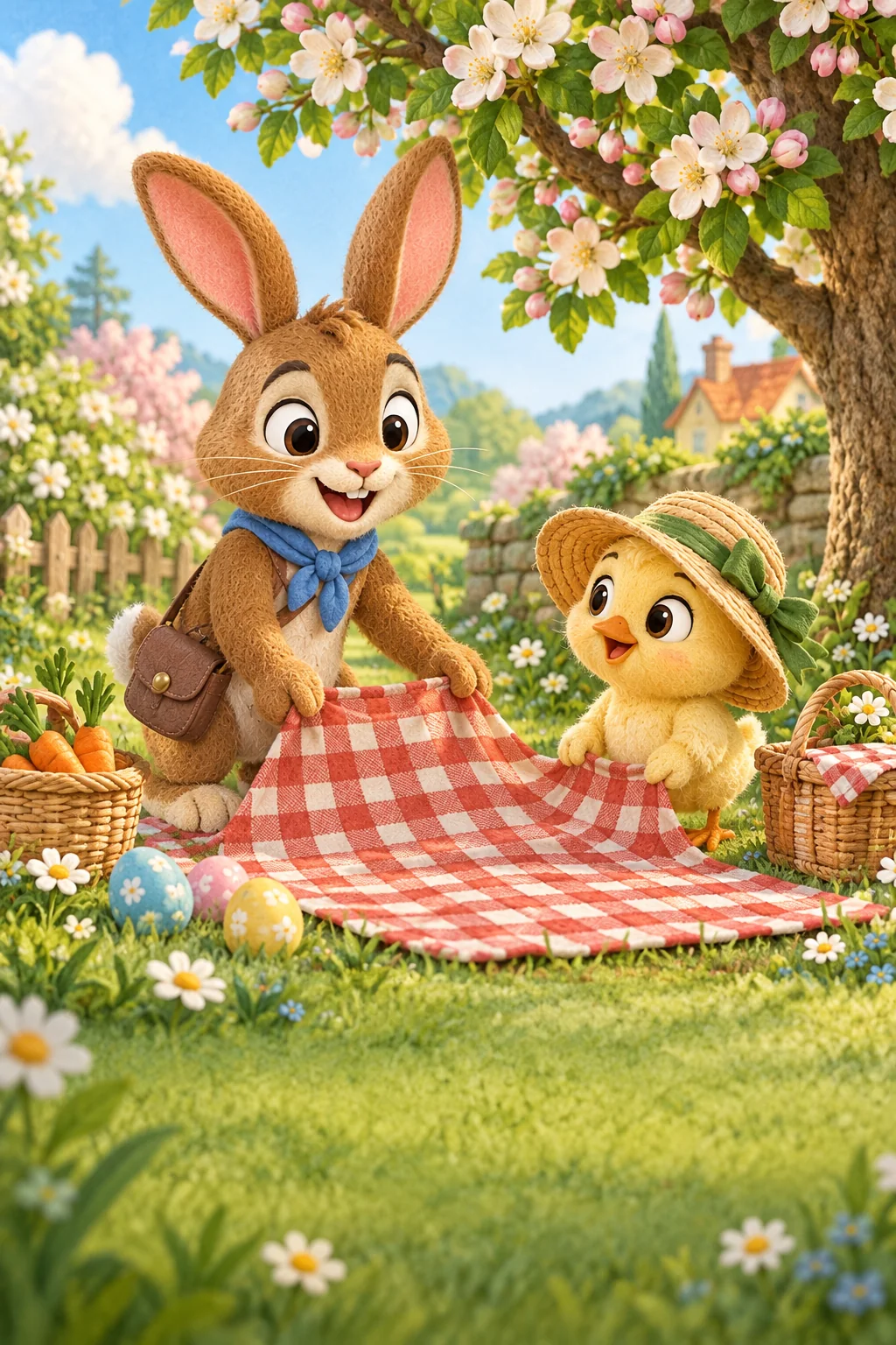 Le Lapin brun et le Poussin jaune préparent un goûter dans un jardin fleuri au matin de Pâques.