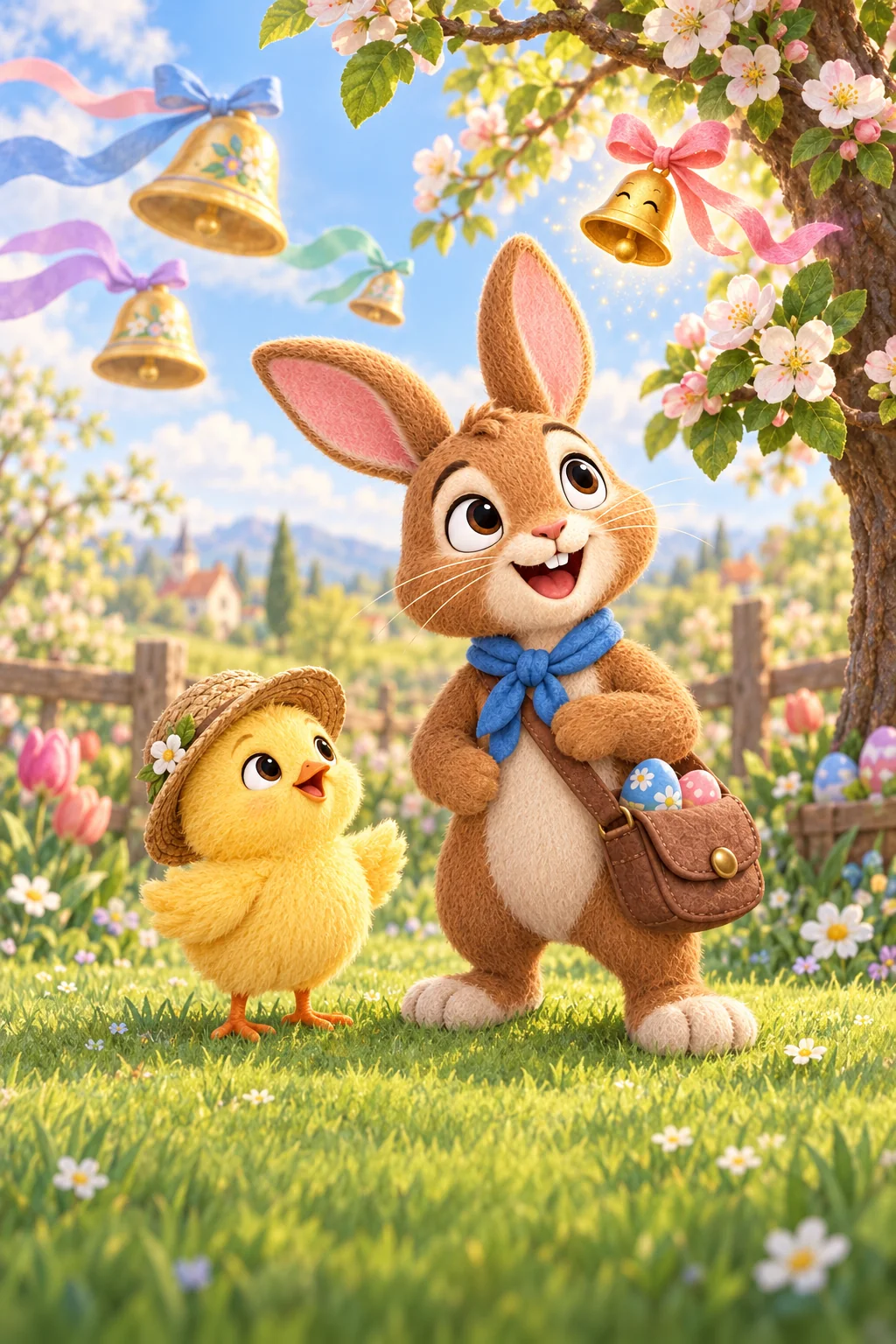 Le Lapin et le Poussin regardent une petite clochette dorée près du pommier fleuri.