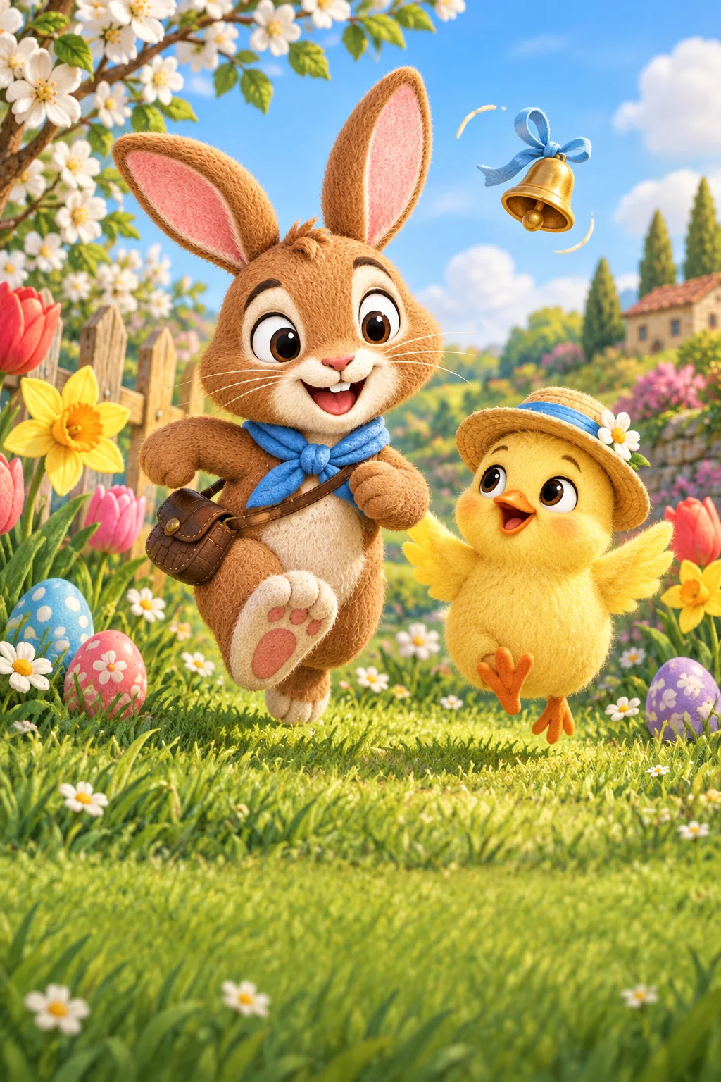 Un lapin brun et un poussin jaune avancent parmi les fleurs, tandis qu’une petite clochette vole au-dessus d’eux.