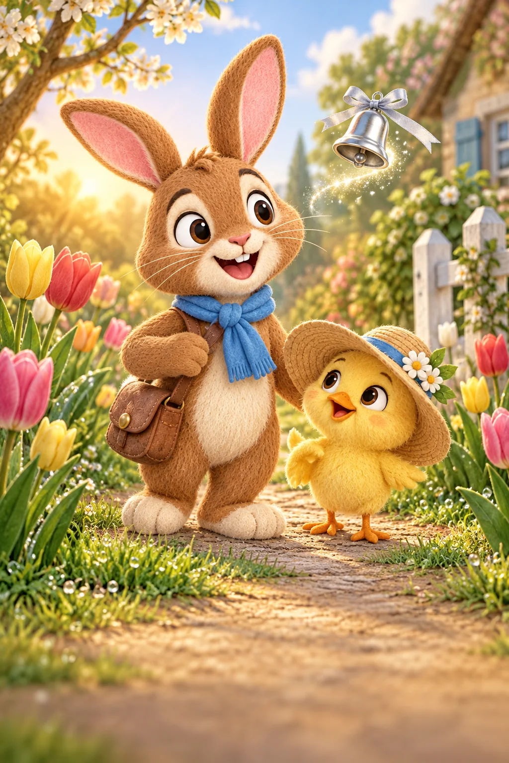 Un lapin brun au foulard bleu et un poussin coiffé d’un chapeau observent un jardin fleuri.