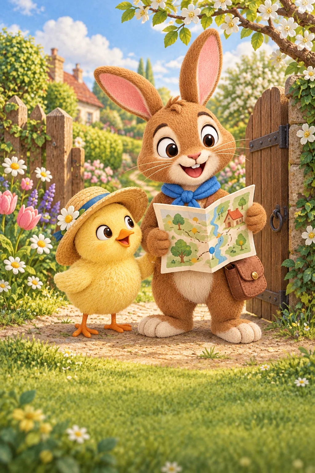Le Lapin brun et le Poussin jaune tiennent une carte colorée devant le portail du jardin.