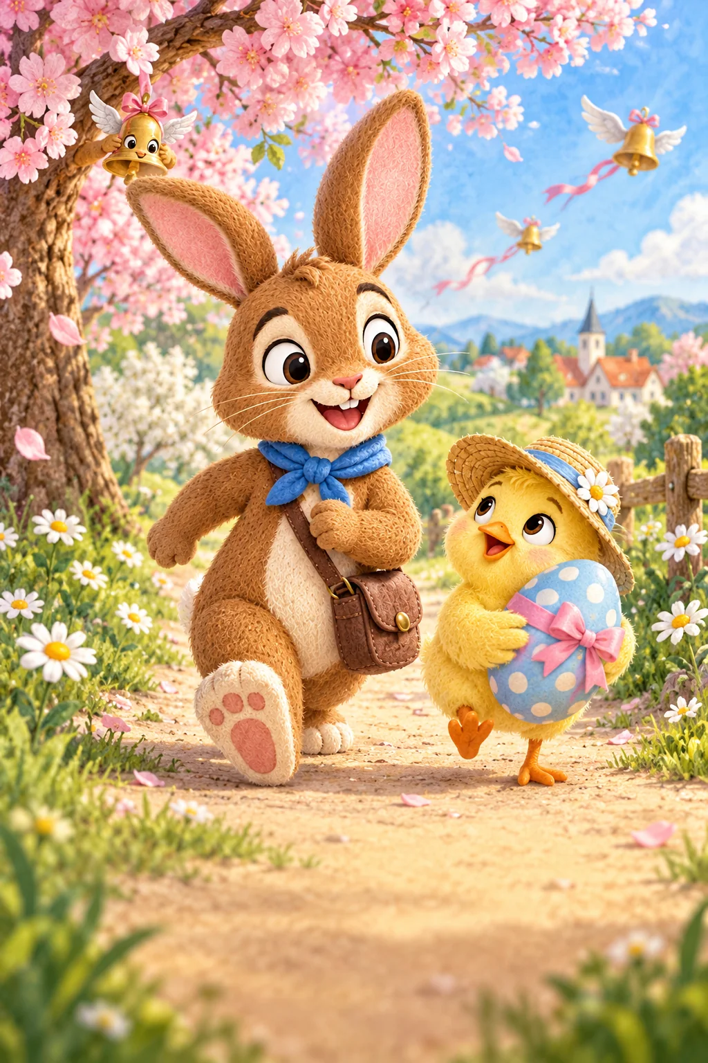 Un lapin brun et un poussin jaune avancent sous les cerisiers, tandis qu’une petite cloche se cache derrière une branche.
