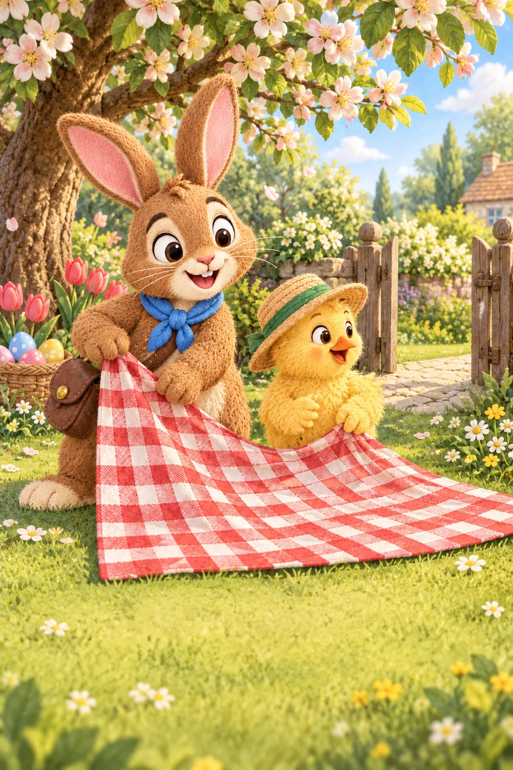 Sous un pommier fleuri, le lapin et le poussin au chapeau préparent une nappe pour leurs invités.