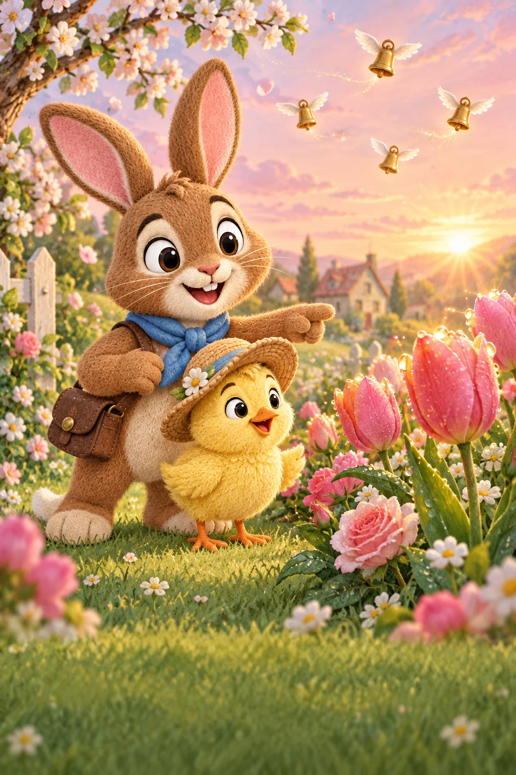 Un lapin brun et un poussin jaune observent la rosée brillante dans un jardin fleuri au matin de Pâques.