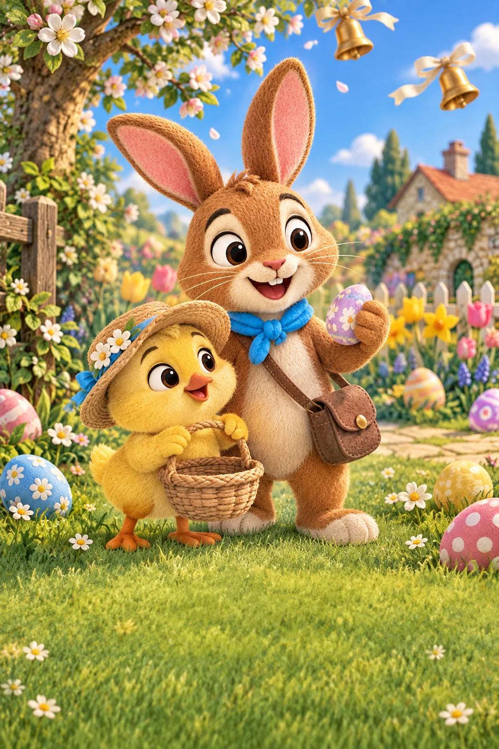 Le Lapin brun et le Poussin jaune tiennent un panier vide devant le jardin fleuri de Pâques.