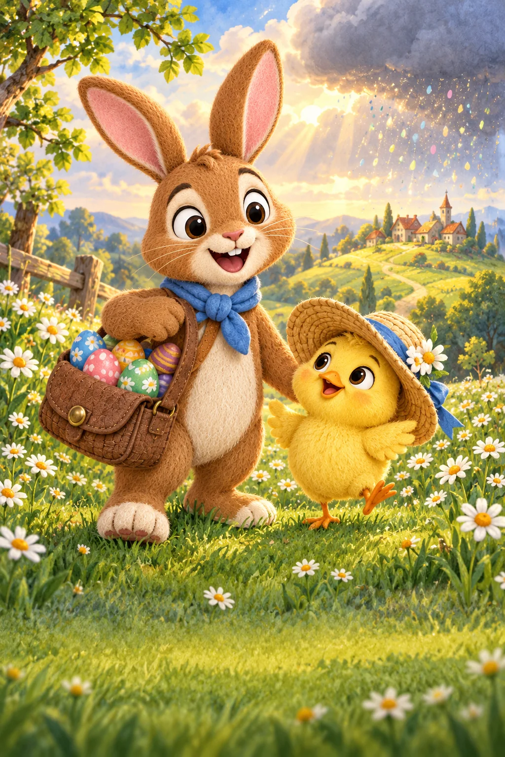 Un lapin brun et un poussin jaune observent une pluie de confettis près d’une besace pleine d’œufs.