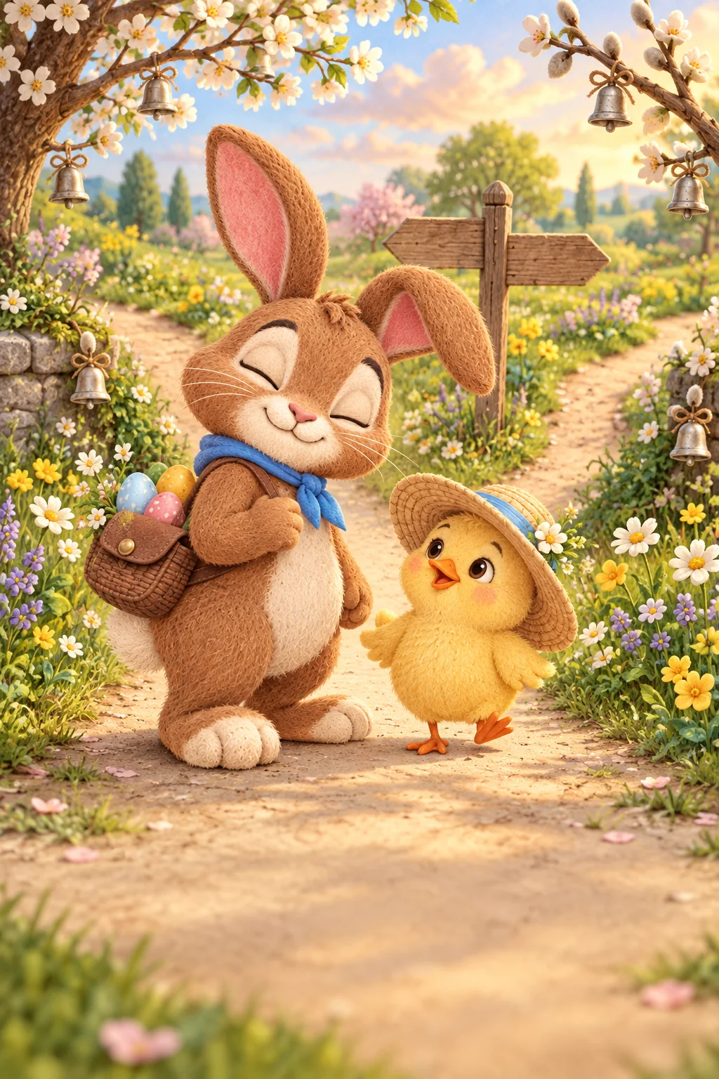 Le Lapin brun et le poussin jaune observent trois chemins fleuris bordés de clochettes endormies.