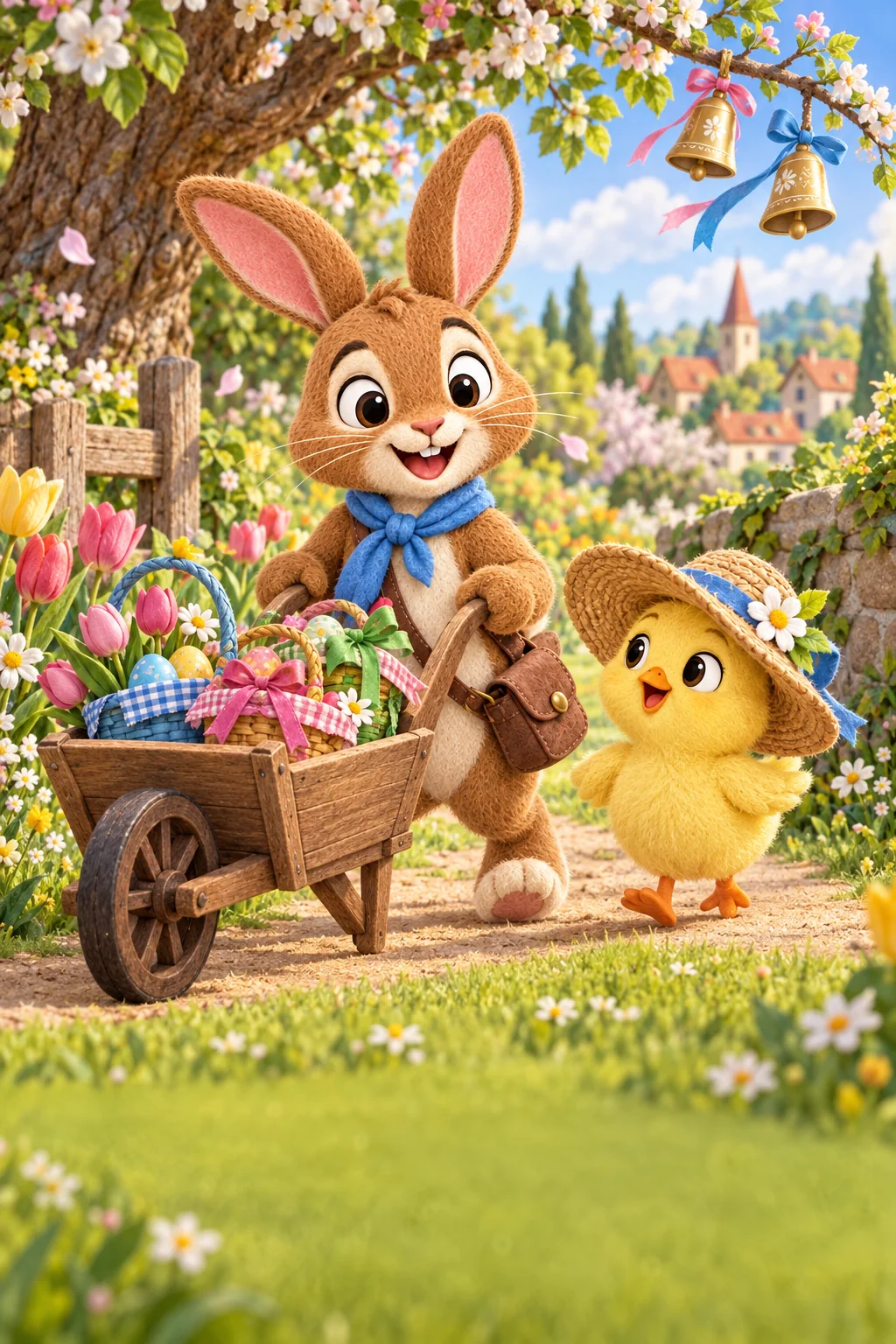 Le Lapin brun et le Poussin jaune poussent une brouette pleine de paniers dans un jardin printanier.