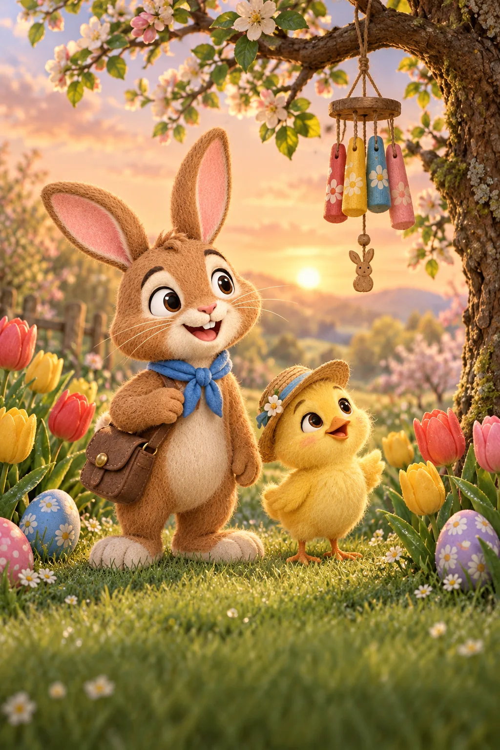 Un lapin brun et un poussin jaune regardent un carillon silencieux sous un vieux pommier fleuri.