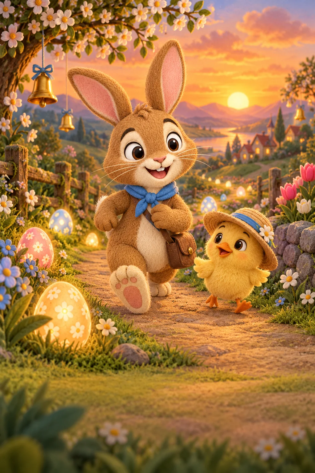 Le Lapin brun et le Poussin jaune suivent un chemin d’œufs lumineux dans le jardin au coucher du soleil.