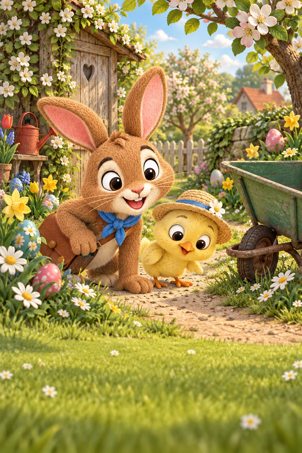 Le Lapin et le Poussin scrutent un chemin fleuri près d’une brouette verte encore vide.