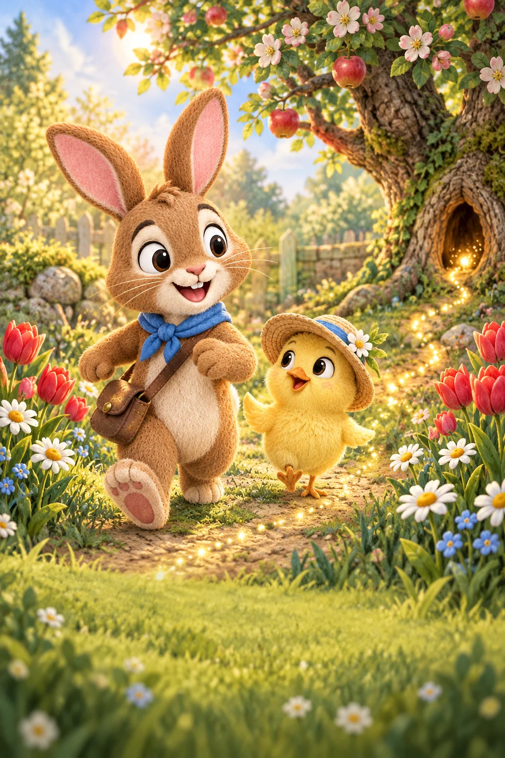 Le Lapin brun et le Poussin jaune suivent des étincelles dorées dans un jardin fleuri.