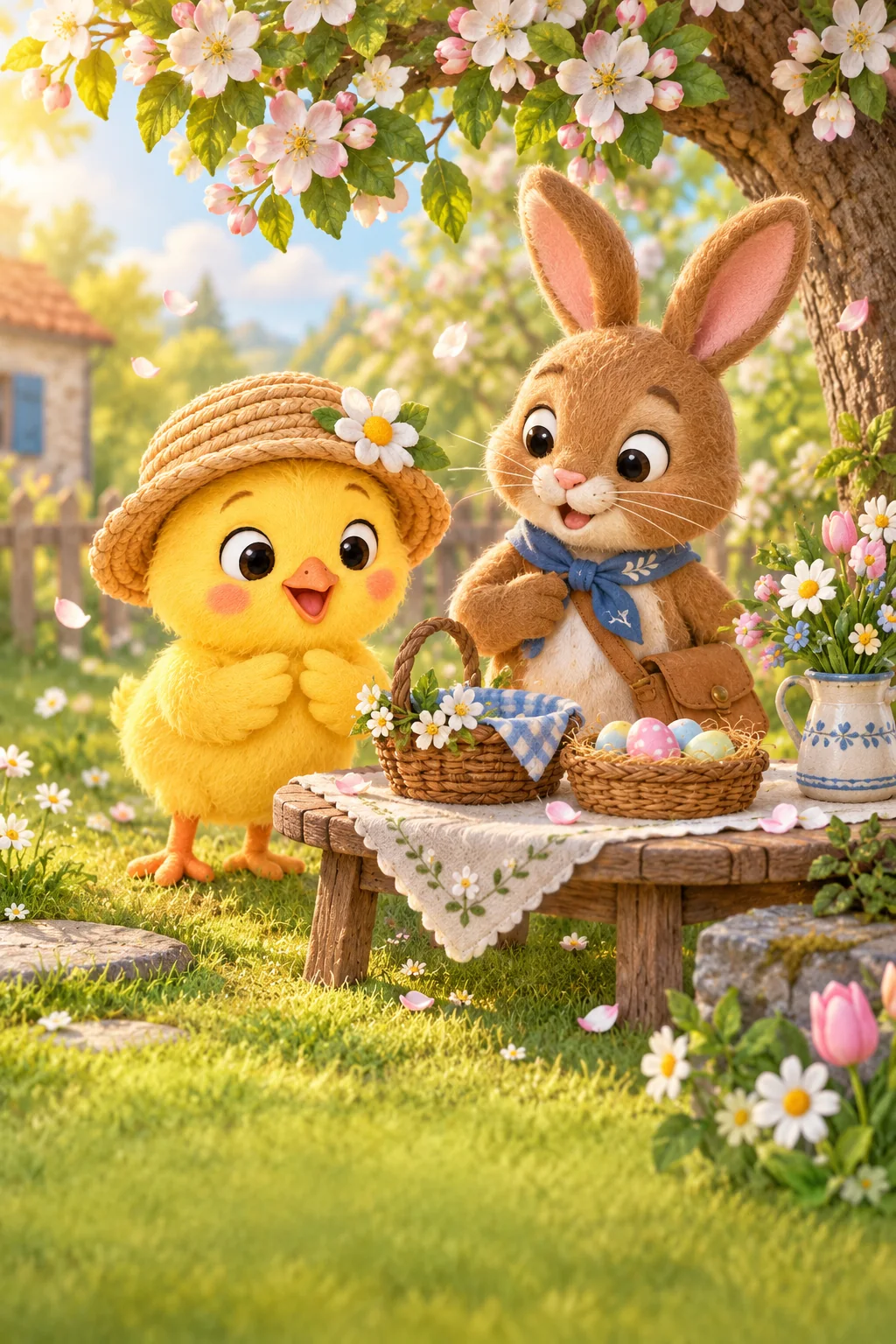 Le Poussin coiffé d’un chapeau observe une table vide avec le Lapin sous un pommier fleuri.