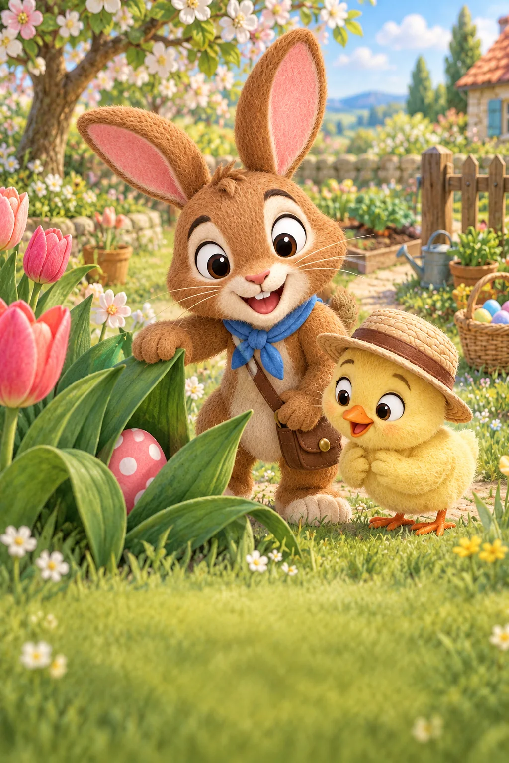 Le Lapin et le Poussin scrutent les tulipes au bord d’un chemin fleuri.
