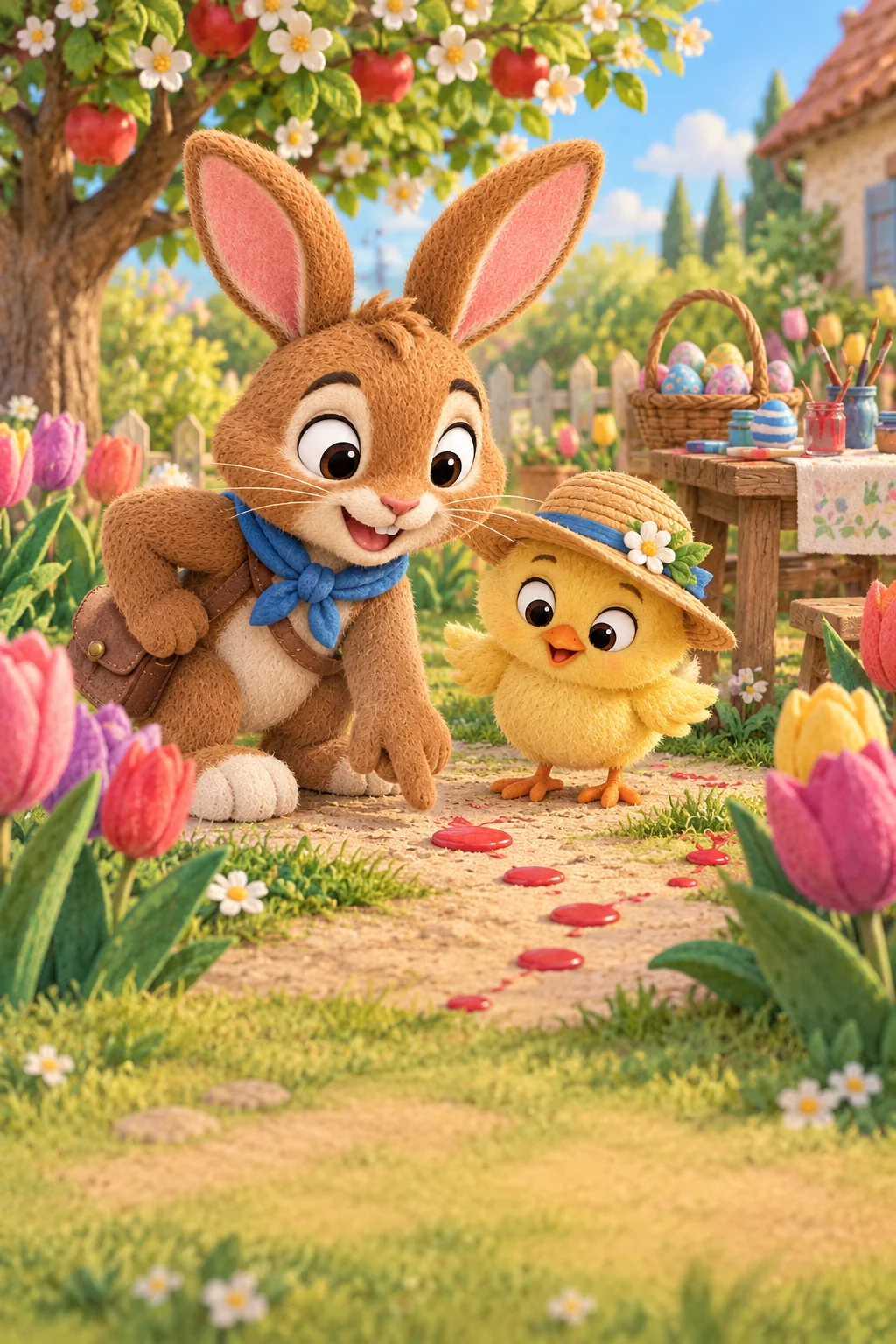 Le Lapin et le Poussin observent des gouttes rouges entre les tulipes du jardin.