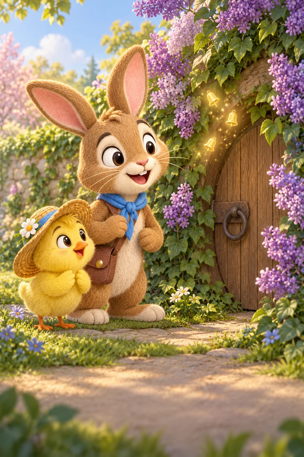 Le Lapin brun et le Poussin jaune observent une porte ronde cachée derrière des lilas.