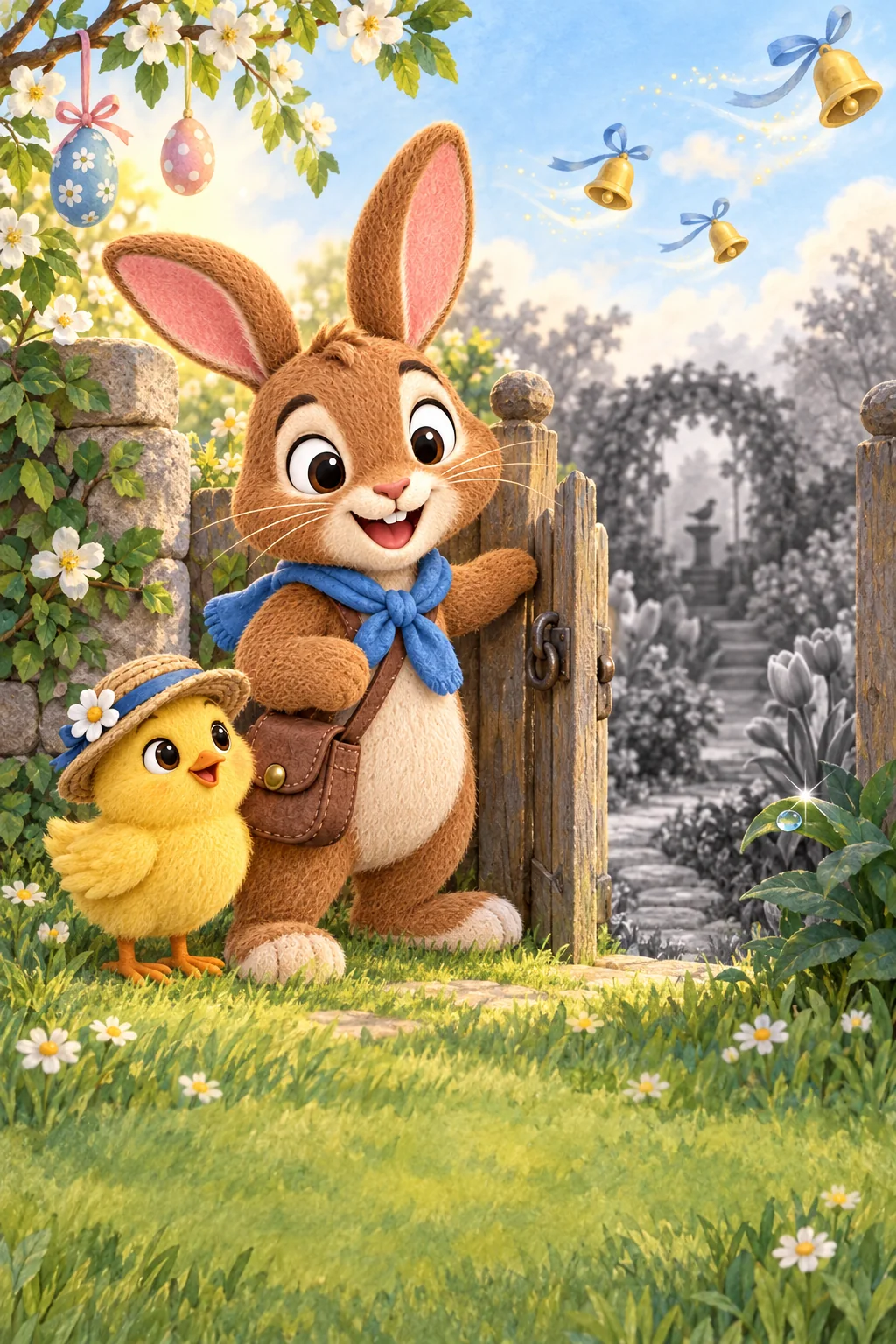 Un lapin brun et un poussin jaune observent un jardin gris derrière une petite barrière.