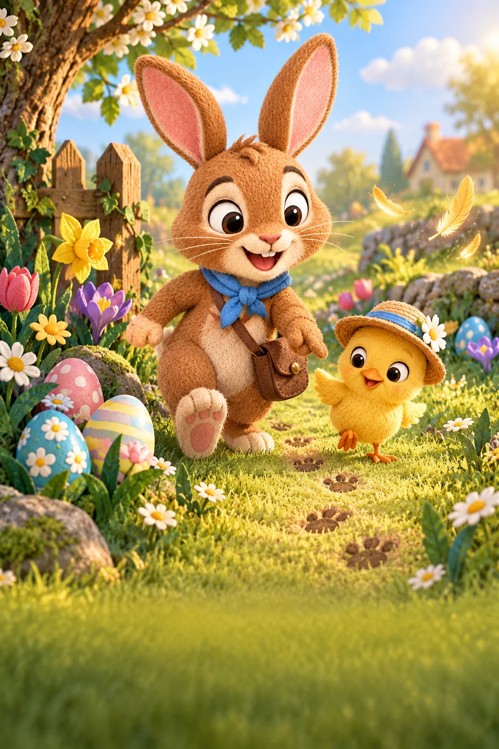 Le Lapin et le Poussin suivent des traces mystérieuses dans l’herbe fleurie du jardin de Pâques.