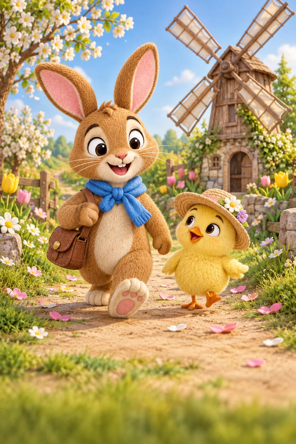 Le Lapin brun et le Poussin jaune approchent d’un vieux moulin dans un jardin fleuri.