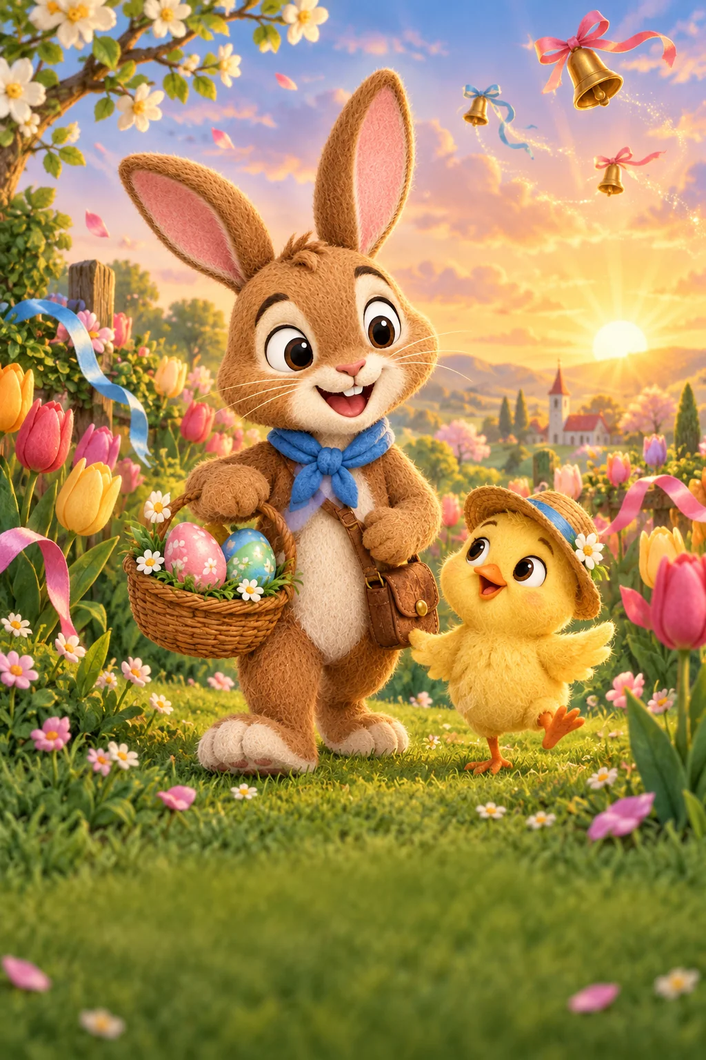 Le Lapin brun et le Poussin jaune cherchent des rubans colorés parmi les tulipes.