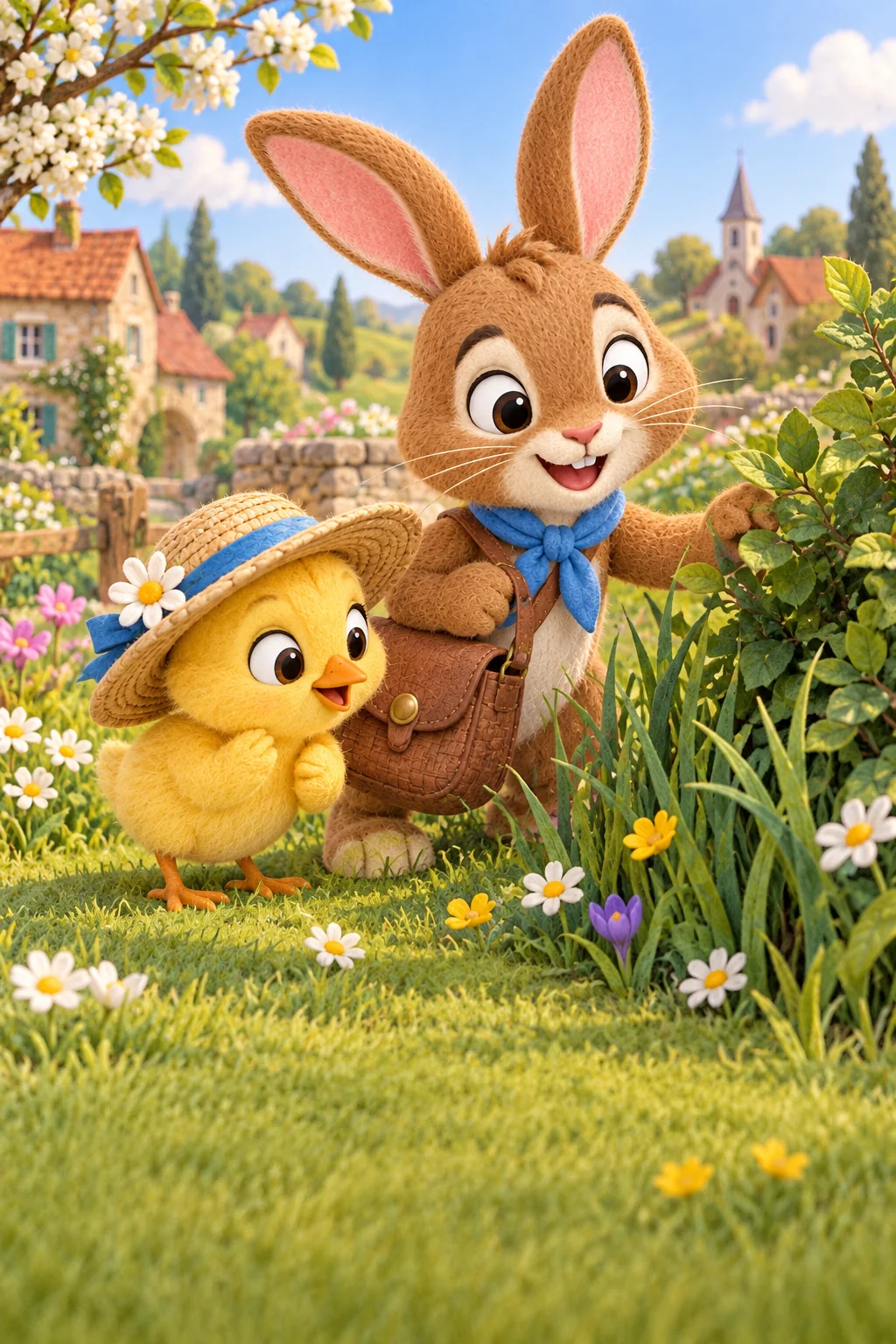 Le Lapin brun et le poussin jaune observent les herbes près d’un chemin fleuri.